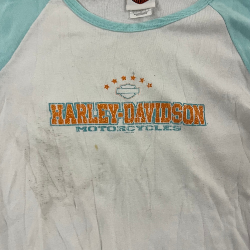 Harley-Davidson T-Shirt Womens Size 2X White Teal Raglan Louisville Graphic